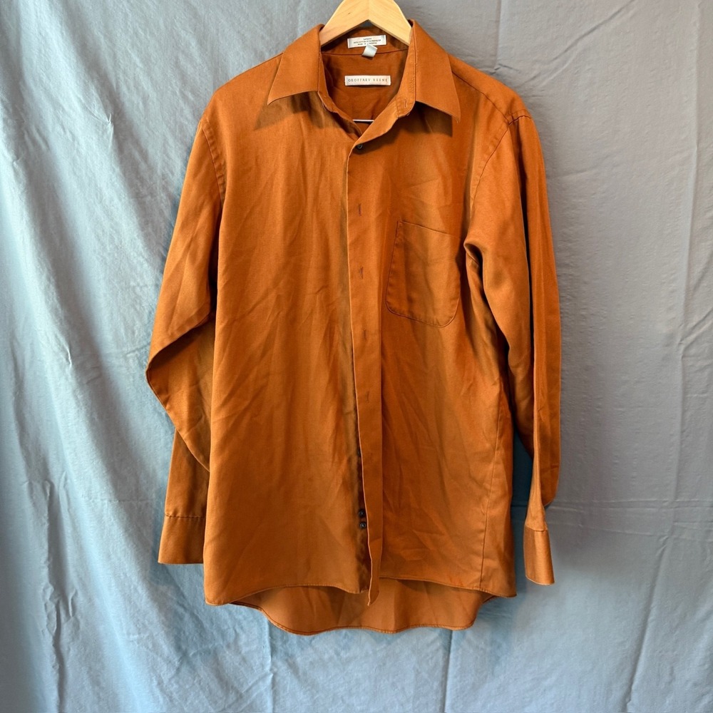 Geoffrey Beene Button Down Mens Large Brown Sateen Wrinkle Free